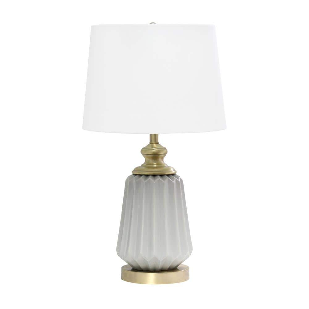 25" Traditional Farmhouse Pleated Ceramic Endtable Bedside Table Desk Lamp With Metal Accents And White Fabric Shade,