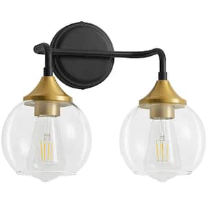 14.1 in. 2-Light Black and Gold Vanity Light with Clear Glass Shade, Perfect for Modern or Vintage Style Bathrooms