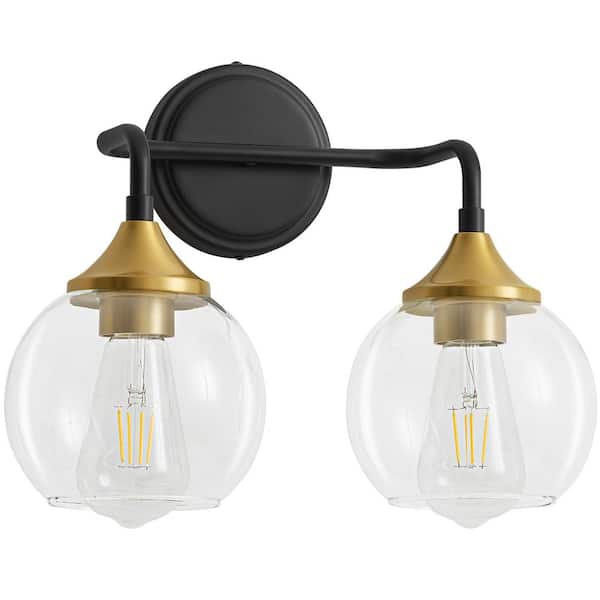 Deyidn 14.1 in. 2-Light Black and Gold Vanity Light with Clear Glass Shade, Perfect for Modern or Vintage Style Bathrooms