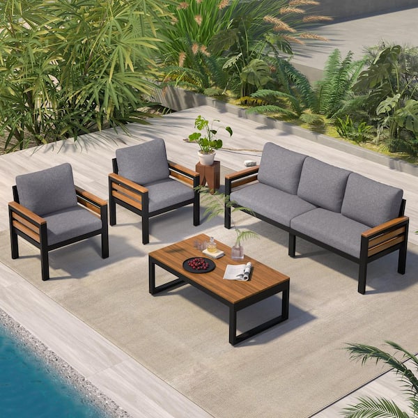 4-Piece Metal Outdoor Patio Conversation Set with Removable Gray Cushions and Solid Wood Coffee Table