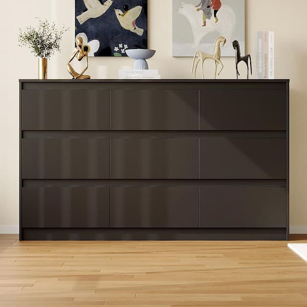 9-Drawer Black Wood Dresser Modern Style 31.5 in. H x 63 in. W x 15.7 in. D
