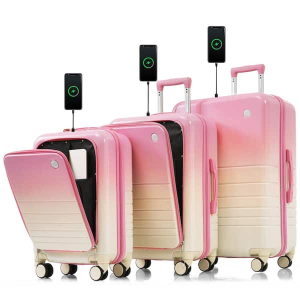 3-Piece Pink ABS+PC Spinner Luggage Set with Front Opening Design(20 in. +24 in.), USB Ports, Cup Holders, Hooks