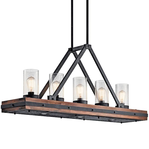 Colerne 46.5 in. 5-Light Auburn Stained Farmhouse Shaded Linear Chandelier for Dining Room
