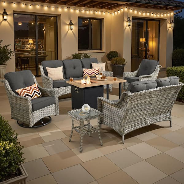 Toject Eureka Grey 6-Piece Wicker Outdoor Patio Conversation Sofa Loveseat Set with a Storage Fire Pit and Black Cushions
