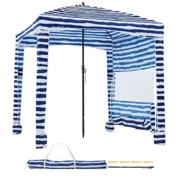6 x 6 ft. Beach Cabana Tent with Side Wall, UPF 50+ Sun Shade, Portable with Sand Pockets, Navy Blue and White Stripes