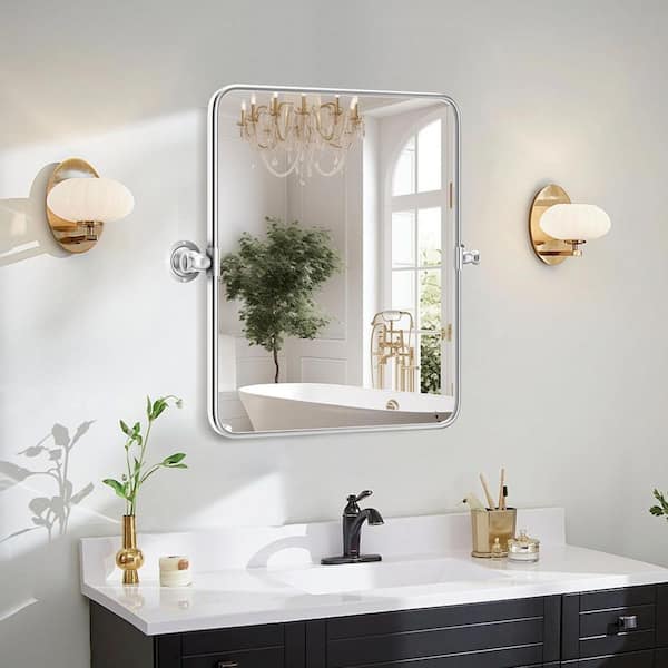 Sxiawe 20 in. W x 24 in. H Modern Rectangular Silver Stainless Steel Frame Round Corner Adjustable Vanity Mirror Wall Mirror