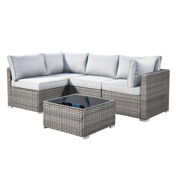 Sanibel Gray 5-Piece Wicker Patio Conversation Sofa Sectional Set with Light Gray Cushions