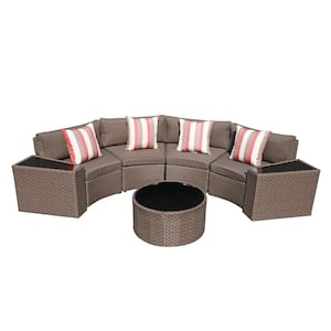 Sunsitt Brown 7-Piece Wicker Outdoor Half Moon Sectional with Grey Brown Cushions