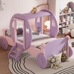Pink Twin Princess Carriage Kid Bed with Crown, Wood Platform Car Bed with Stair