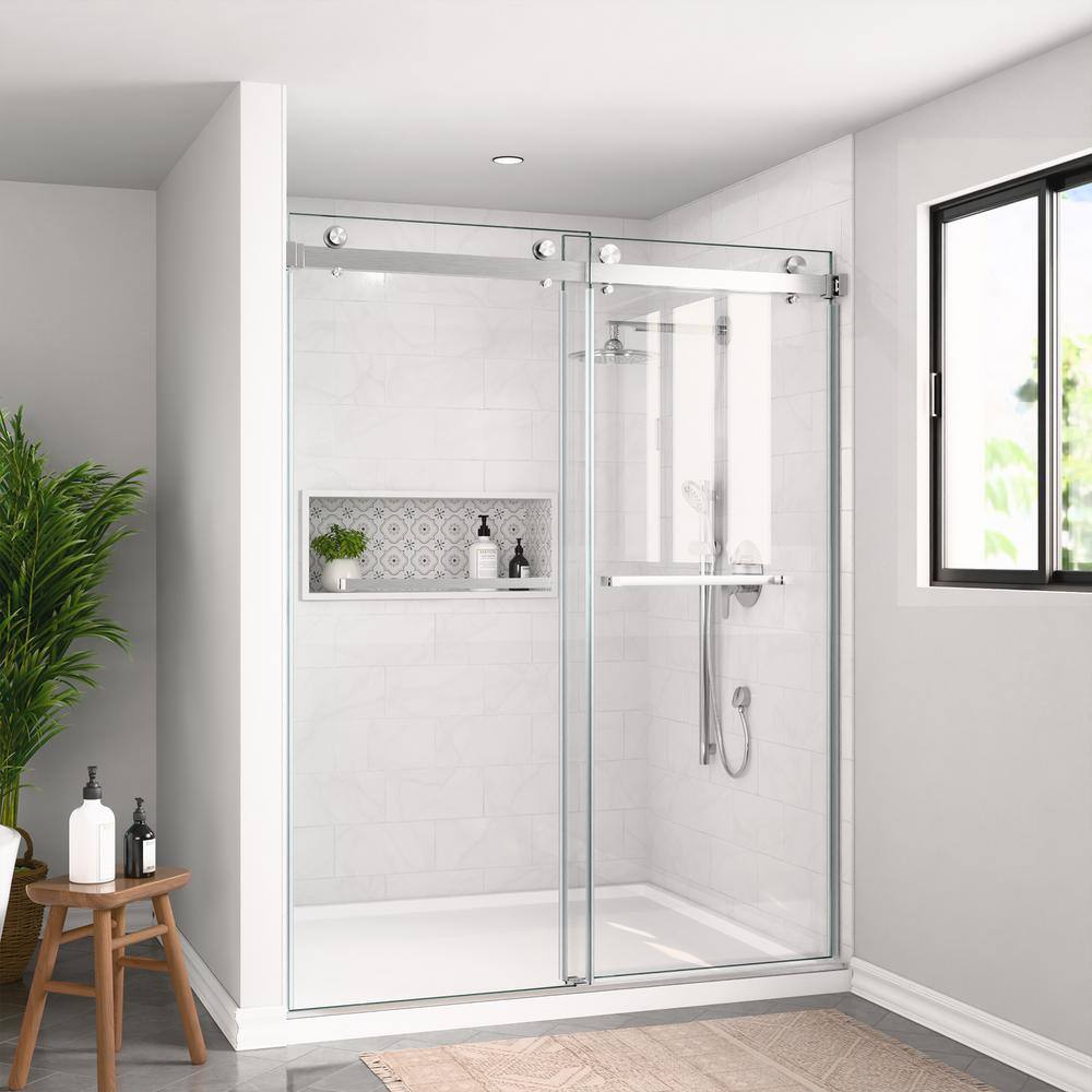 60 in. Frameless Clear Glass Double Sliding Shower Door with Brushed Nickel Hardware