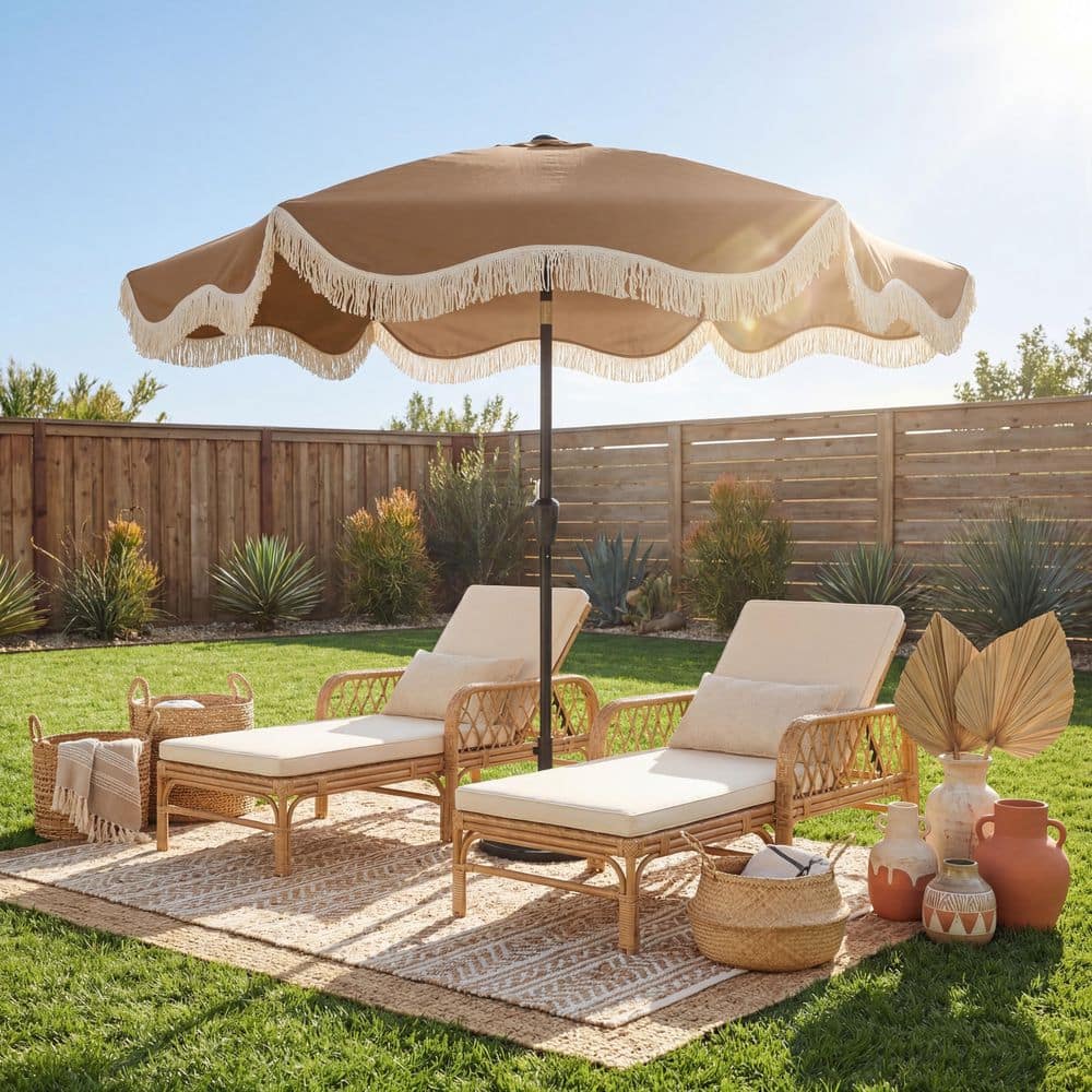 boho patio umbrella with fringe AMMSUN 8.5ft Tassel Macrame Wood Pole Pulley Lift, Natural White turn your outdoor dining area into a shaded lounge for family and friends SunVilla 10 ft. Cabana Market