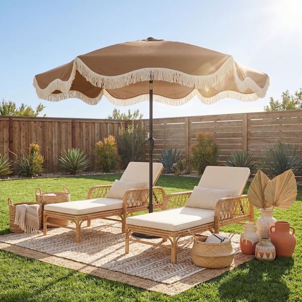 bohemian patio umbrella Clihome 9 ft. Bohemian Tassel Fringe Patio Umbrella in Earth Color with Tilt and Crank Lift for Garden Beach