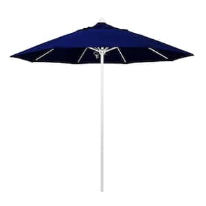 9 ft. White Aluminum Commercial Market Patio Umbrella with Fiberglass Ribs and Push Lift in True Blue Sunbrella