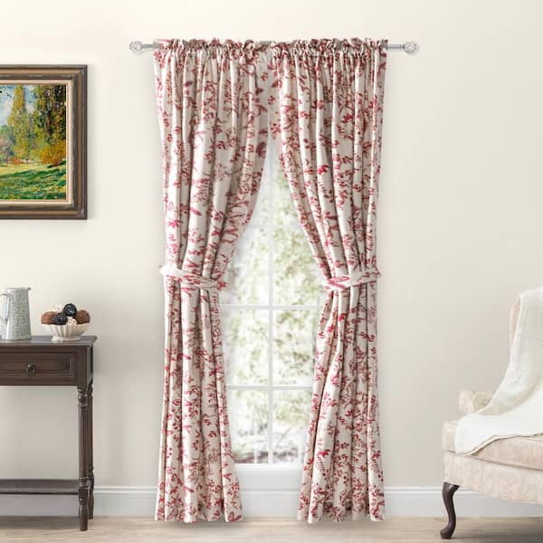 RICARDO Waverly Gardens 42 in. W x 45 in. L Toile Rod Pocket Room Darkening Curtain Panel in Garnet (Set of 2)