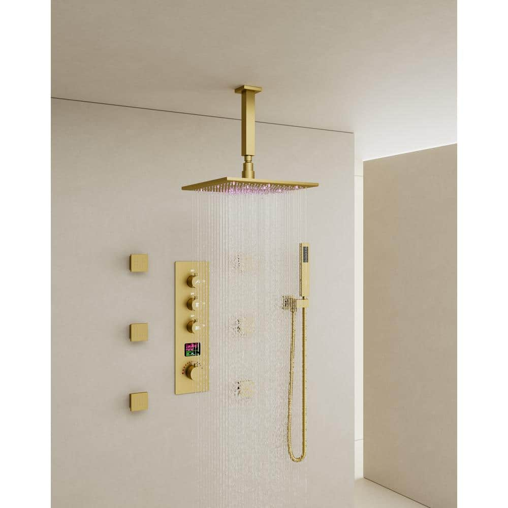 CRANACH Thermostatic 7-Spray Ceiling Mount 12 in. Square Shower Head ...