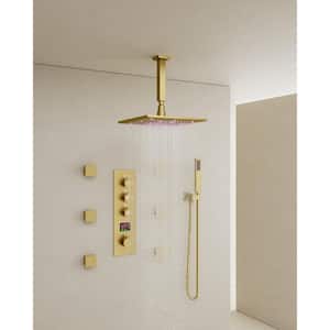 Thermostatic 7-Spray Ceiling Mount 12 in. Square Shower Head with 3-color LED and Valve in Brushed Gold