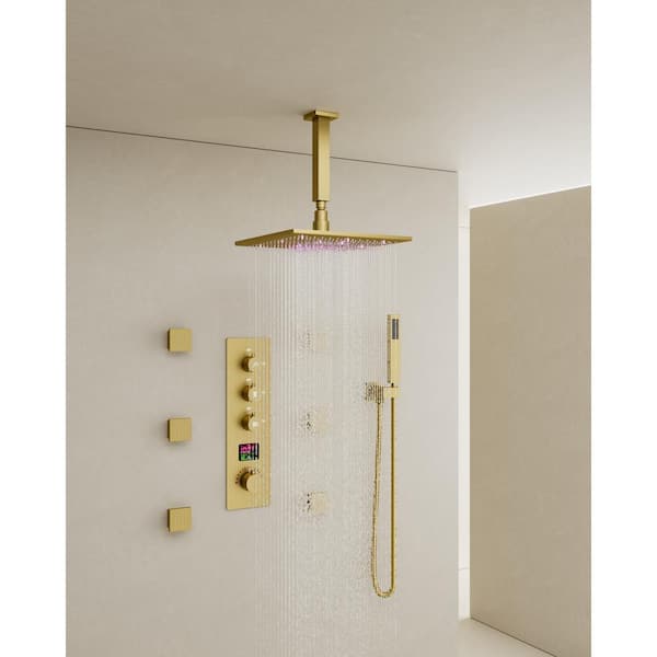 CRANACH Thermostatic 7-Spray Ceiling Mount 12 in. Square Shower Head with 3-color LED and Valve in Brushed Gold