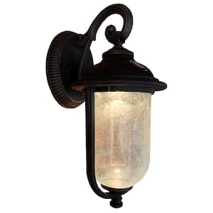40-Watt Equivalent 9 in. D x 14 in. H x 7 in. W Integrated LED Rustic Bronze Area Light Dusk to Dawn Clear Glass