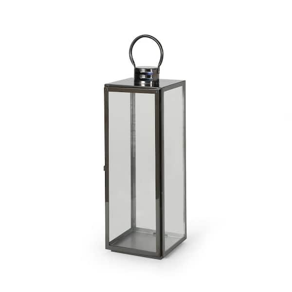 HOTEBIKE 23.75 in. H Black Modern Stainless Steel Tabletop Patio Lantern, Tempered Glass Panels