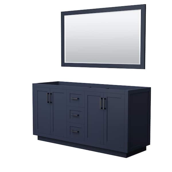 Wyndham Collection Miranda 65.25 in. W x 21.75 in. D x 33 in. H Double Sink Bath Vanity Cabinet without Top in Dark Blue with 58 in. Mirror