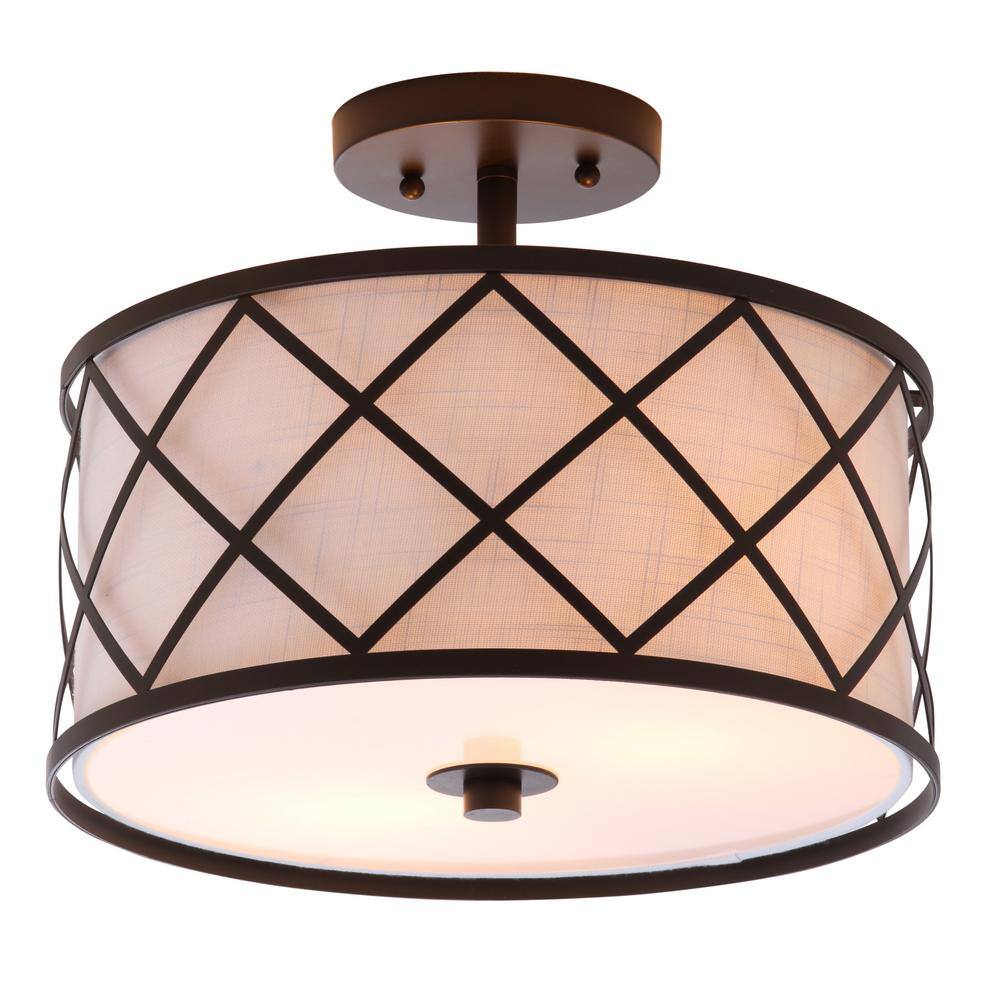 Transitional Elegance 13.25" Bronze LED Flush Mount with White Linen Shade