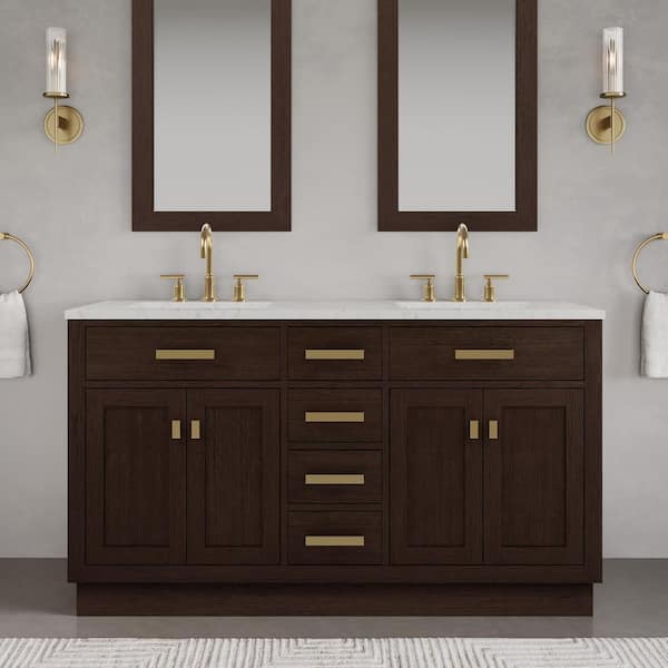 Chestnut 60 in. W x 21.5 in. D x 34.2 in. H Double Sink Bath Vanity in Brown Oak with Carrara White Marble Top