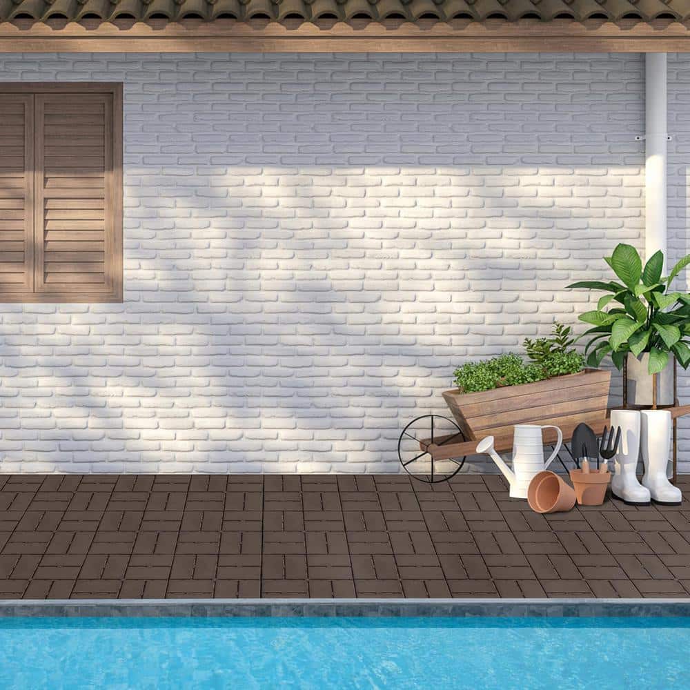 Dark Brown 12"x12" Interlocking Plastic Deck Tiles with Water Protection