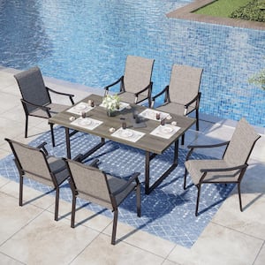 Black 7-Piece Metal Outdoor Patio Dining Set with U Shaped Rectangle Table and Textilene Chairs