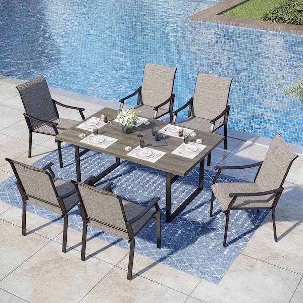 PHI VILLA Black 7-Piece Metal Outdoor Patio Dining Set with U Shaped Rectangle Table and Textilene Chairs