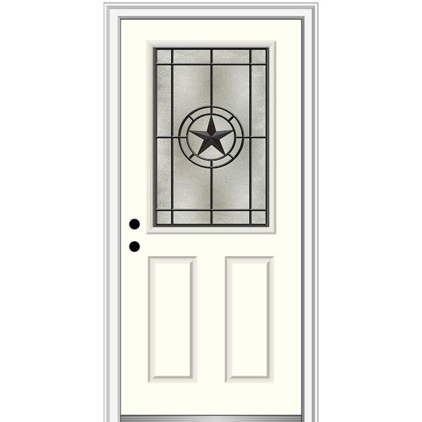MMI Door Elegant Star 32 in. x 80 in. Right-Hand 1/2 Lite Decorative Glass Alabaster Painted Fiberglass Prehung Front Door