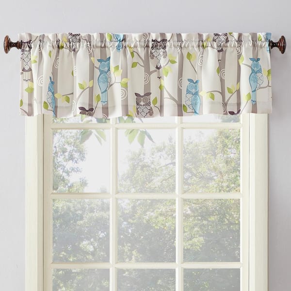 Sun Zero Hoot Owl Print Kitchen Mocha Polyester 56 in. W x 14 in. L Rod Pocket Light Filtering Curtain Valance (Single Panel)
