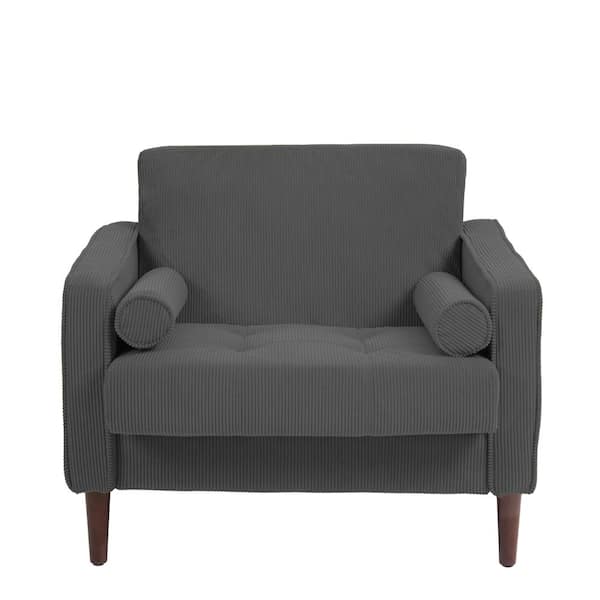Uixe Mid-Century Modern Gray Corduroy Fabric Upholstery Arm Chair with 2 Bolster Pillows (Set of 1)