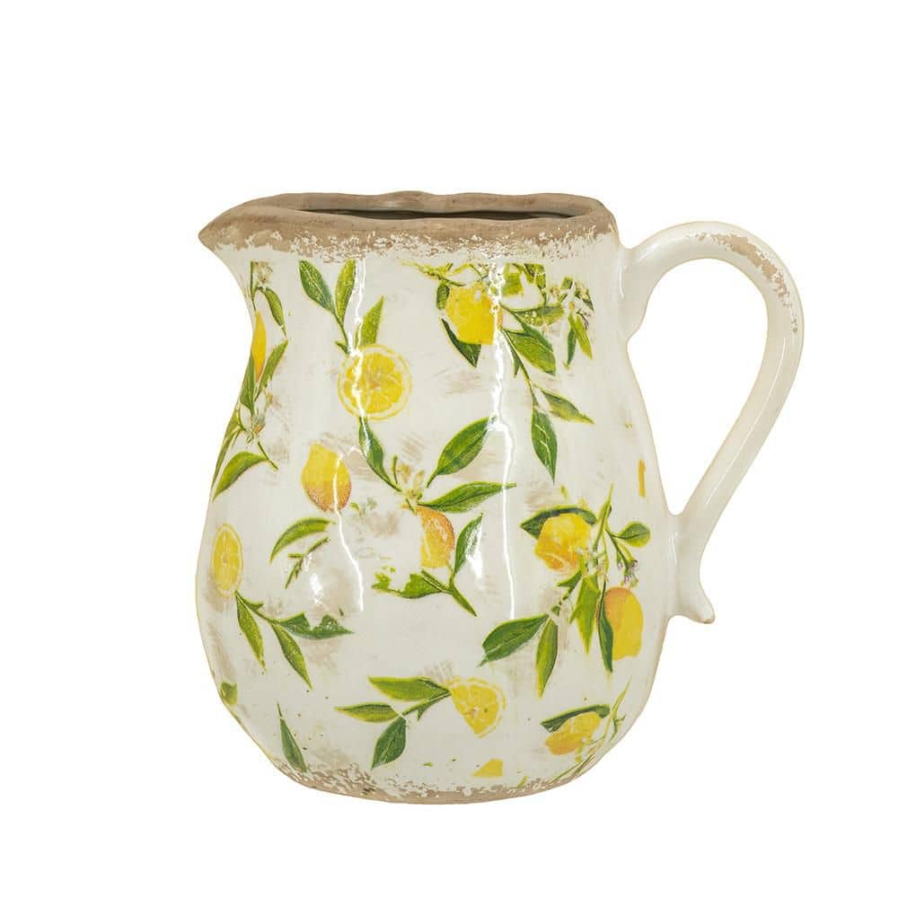 7.9 x 6.5 x 7.9 in. White Round Ceramic Pitcher Vase with Yellow