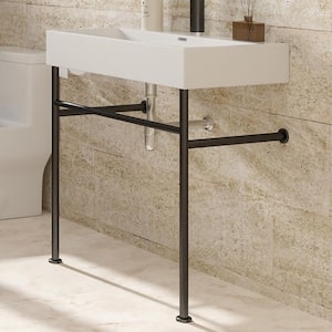 5.3 in. Ceramic Console Sink Basin in White and Black Legs Combo with Overflow