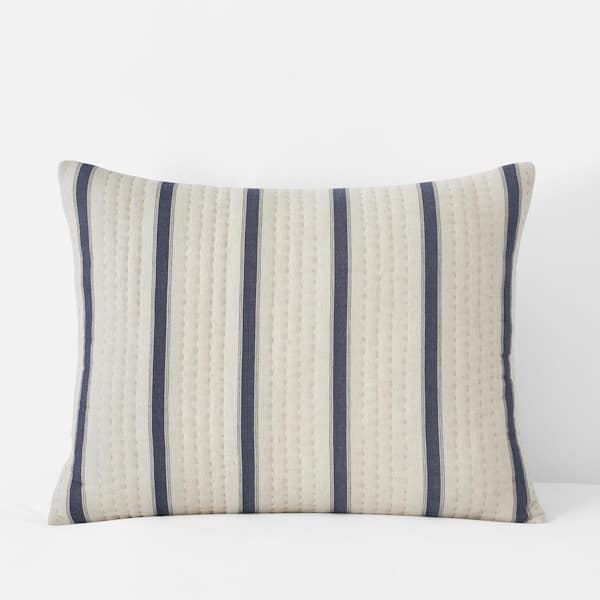 The Company Store Legends Hotel Durham Stripe Quilted Linen Navy Geometric Cotton Standard Sham