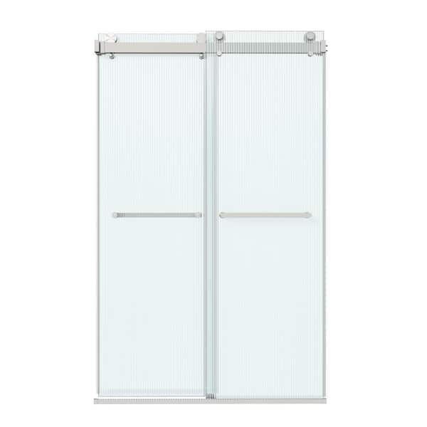 48 in. W x 76 in. H Framless Double Sliding Shower Door in Brushed Nickel with 3/8 in. (10 mm) Fluted Glass