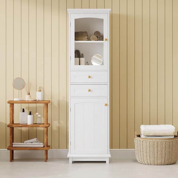 17.76 in. H x 14.21 in. D x 62.99 in. W White Linen Cabinet, Tall Bath Cabinet with 2 Drawer, Adjustable Shelves