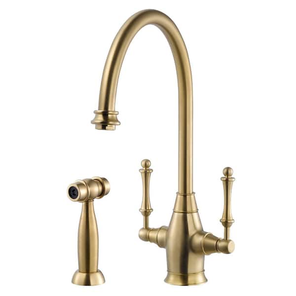 HOUZER Charleston Traditional 2-Handle Standard Kitchen Faucet with Sidespray and CeraDox Technology in Brushed Brass