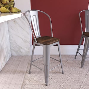 Lena 24 in. Silver Metal Counter Stool with Wood Seat, Set of 2