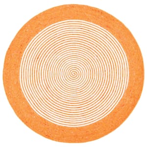 Braided Orange Ivory 3 ft. x 3 ft. Border Striped Round Area Rug