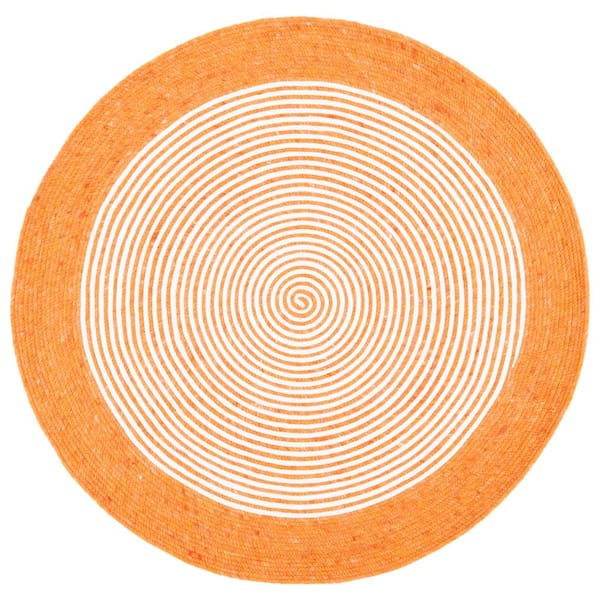 Braided Orange Ivory 4 ft. x 4 ft. Border Striped Round Area Rug