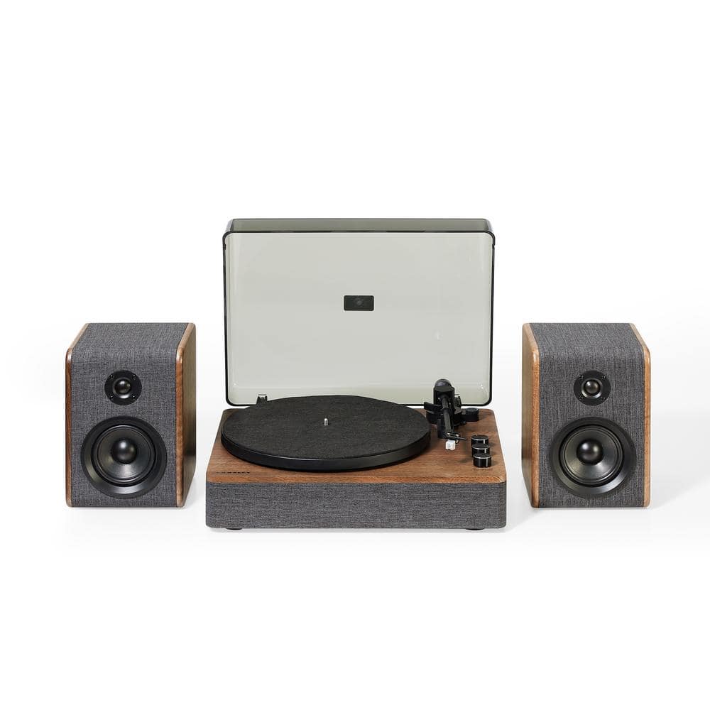 Charcoal and Brown Bluetooth Record Player with Speakers
