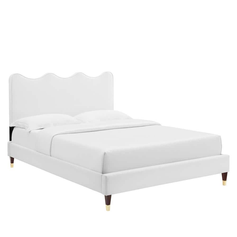 MODWAY Current Performance Velvet Queen Platform Bed in White with Wood