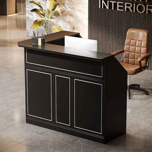 BYBLIGHT Lanita 51.2 in. L-Shaped Black Wood Reception Desk with Storage Shelves, Modern Front Desk Reception Counter Table