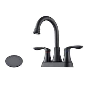 4 in. Center set Double Handle Mid Arc Bathroom Faucet with Drain Kit Included in Matte Black