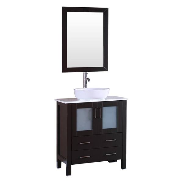 Bosconi 30 in. W Single Bath Vanity in Espresso with  Stone Vanity Top with White Basin and Mirror