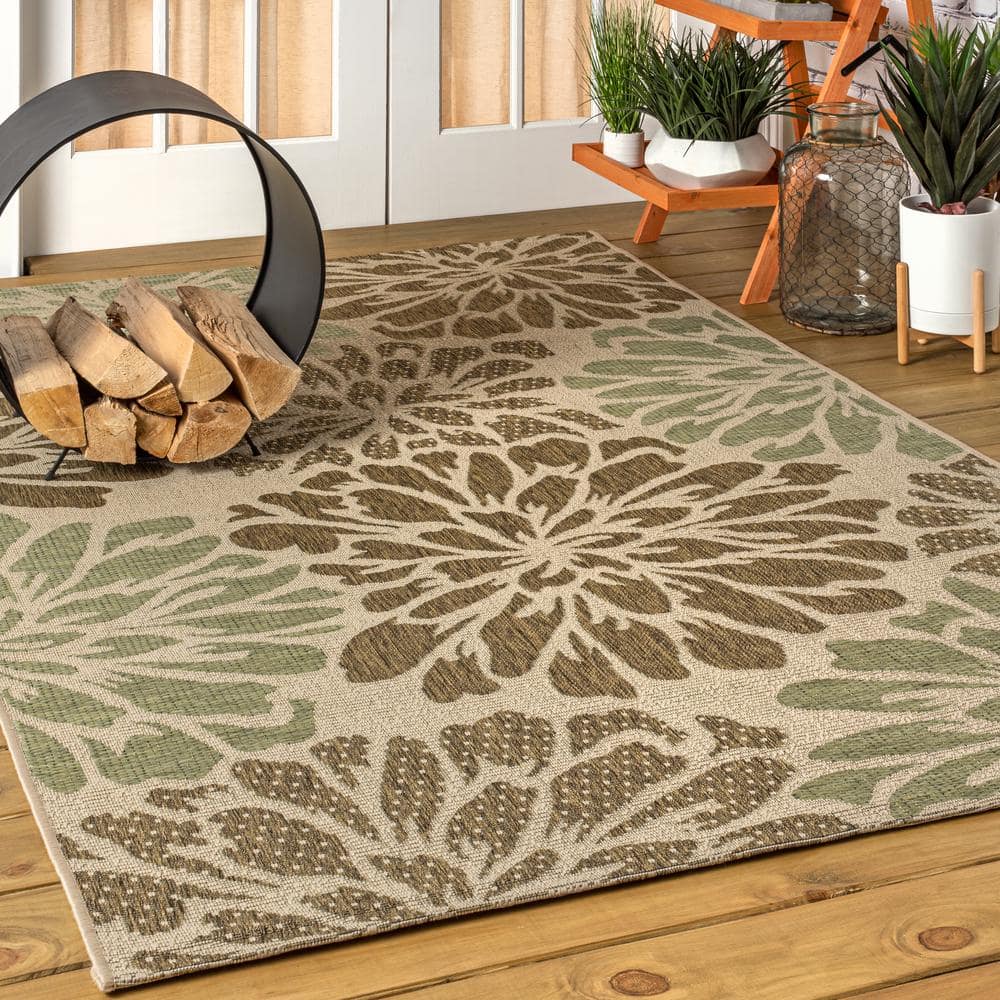 JONATHAN Y Zinnia Modern Floral Sage/Brown 5 ft. 3 in. x 7 ft. 7 in.  Textured Weave Indoor/Outdoor Area Rug SMB110A-5 - The Home Depot