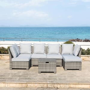 7-Piece Wicker Outdoor Patio Conversation Sofa Set with Gray Cushions and Storage Coffee Table