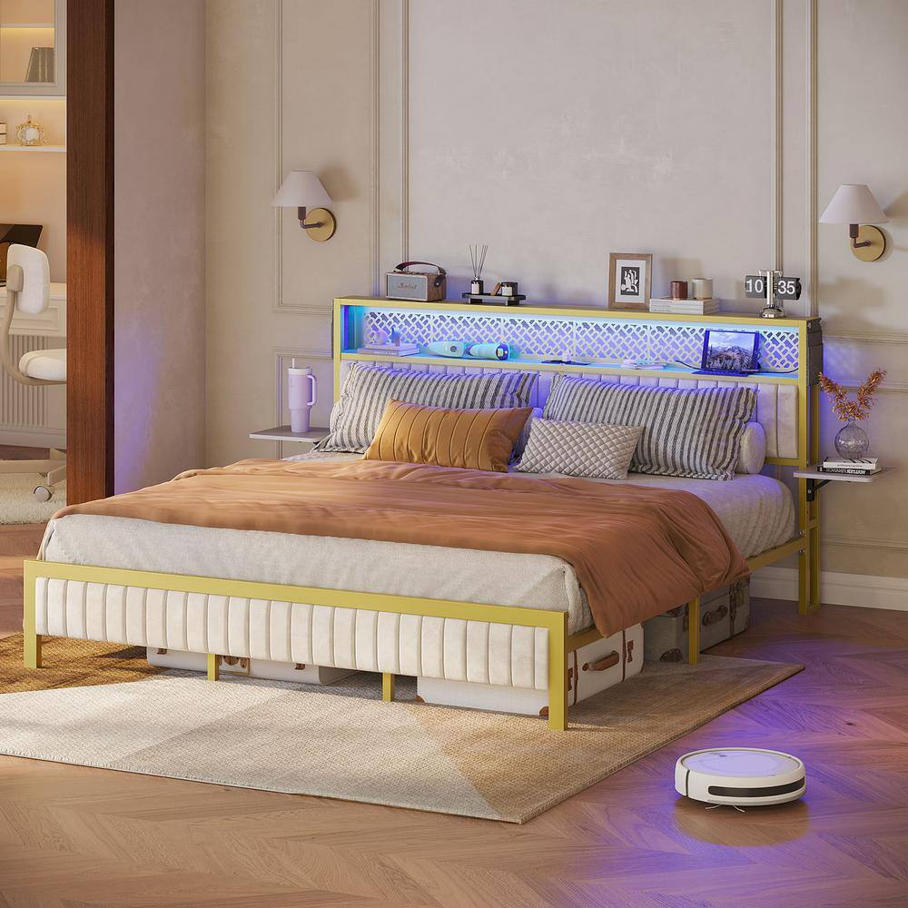 Off-White Queen Upholstered LED Platform Bed with Storage Headboard