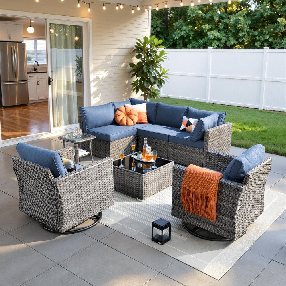 Messi Gray 8-Piece Wicker Outdoor Patio Conversation Sofa Set with Swivel Chairs and Denim Blue Cushions price history on PriceWatchPro
